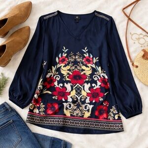 JM Collection Navy Floral Boho Blouse | Petite XL | Effortless Statement Top